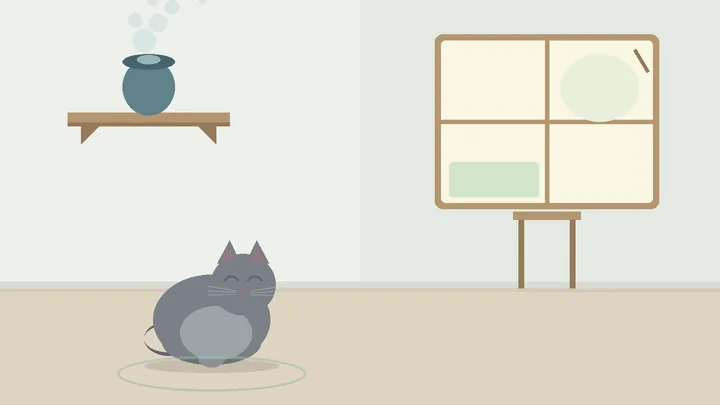 Flat illustration: an essential oil diffuser on a high shelf emitting a thin mist near a window, and a calm cat resting on the floor across the room, away from the diffuser.