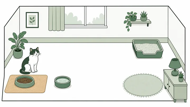 A shallow cat food bowl on a mat in a calm apartment corner, a separate water bowl nearby, and a litter box kept well apart across the room.