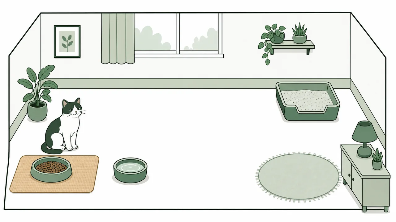 Flat editorial illustration of a small-apartment cat feeding station: a shallow food bowl on a mat in a calm corner, a separate water bowl a short distance away, and a litter box set well apart across the room, with a calm cat nearby.