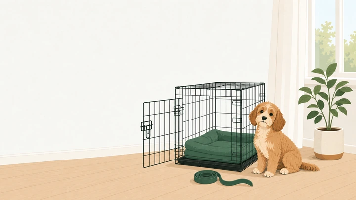 Open wire dog crate with a green bed, a measuring tape, and a calm small dog in an apartment corner.