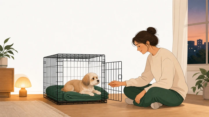 A person sitting beside an open crate where a small dog rests calmly on a green bed in the evening.