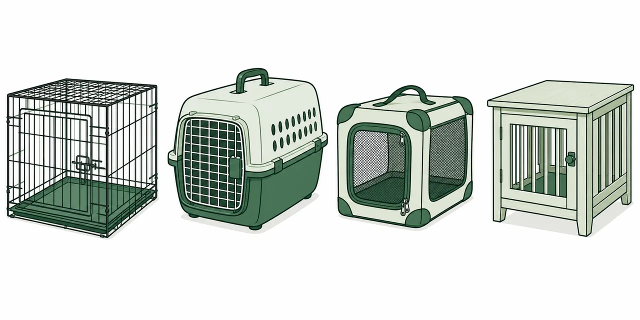 Flat editorial illustration of four dog crate types in a row: an open wire crate with vertical bars, an enclosed plastic travel kennel with a grated door, a soft-sided fabric crate with mesh panels, and a wood furniture-style crate shaped like a side table.