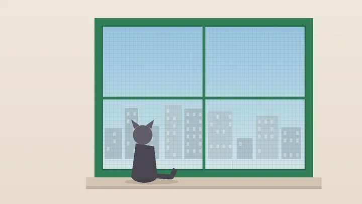 Flat illustration of an apartment window several floors up with a snug, sturdy screen fitted in the frame and a calm cat sitting safely on the sill looking out.