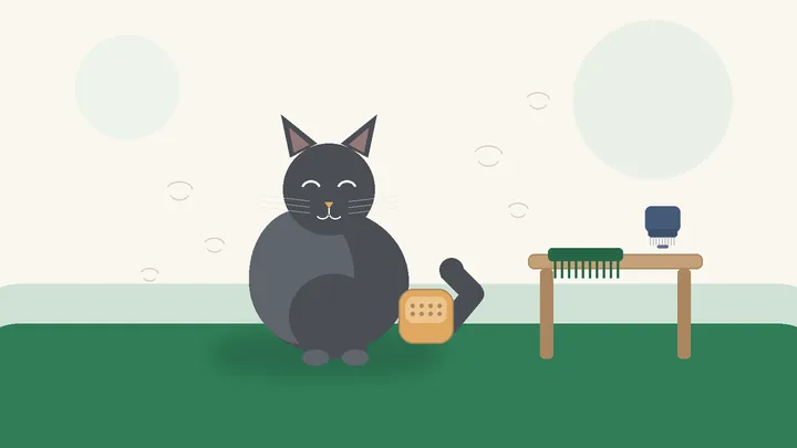 A calm short-haired grey cat sitting beside a grooming mitt, with a wide-toothed comb and a slicker brush on a small side table and a few tufts of loose fur drifting in the air.