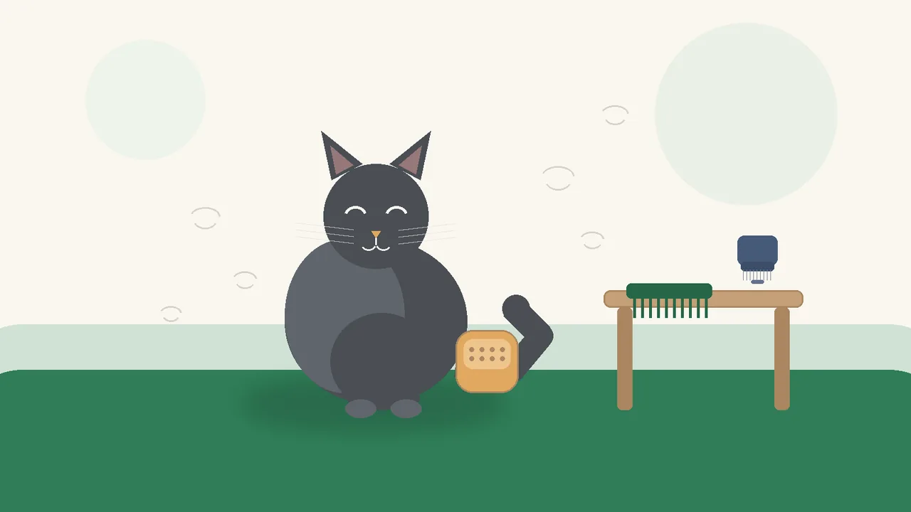 Flat editorial illustration of a calm short-haired grey cat sitting beside a grooming mitt, with a wide-toothed comb and a slicker brush resting on a small side table nearby and a few tufts of loose fur drifting in the air.