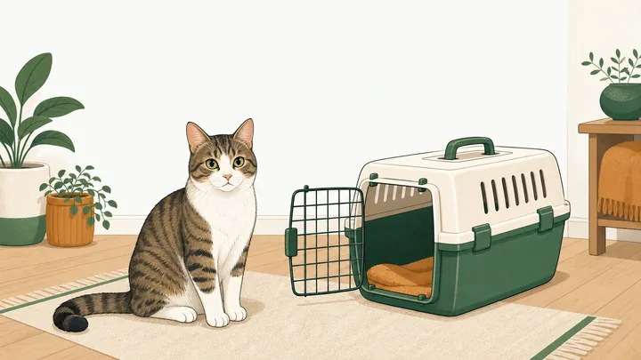 A calm cat beside an open hard-sided cat carrier with a removable top and a front door in a bright room.