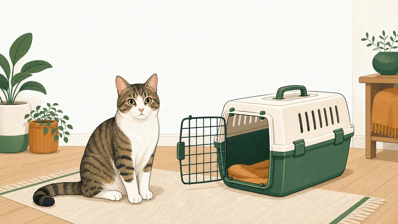 Flat editorial illustration of a calm cat sitting beside an open hard-sided cat carrier with a removable top and a front door, in a bright tidy room.