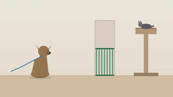 Flat illustration of a small apartment living room: a dog sitting calmly on a leash on one side, a cat up on a tall cat tree out of reach on the other, and a baby gate across a doorway.