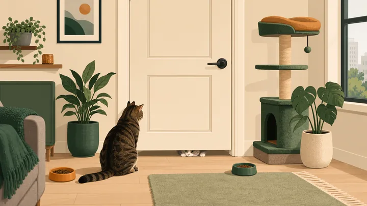 Flat illustration of a small apartment during a cat introduction: a relaxed tabby on one side of a closed door with a floor gap, a second cat on the other side, a tall cat tree for vertical space, and two food bowls on opposite sides.