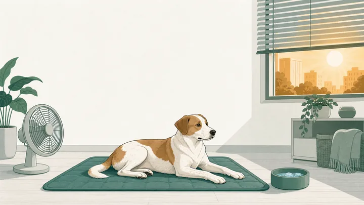 A calm dog lying on a cooling mat in a shaded apartment corner with a water bowl, a small fan, and blinds keeping the summer sun out.