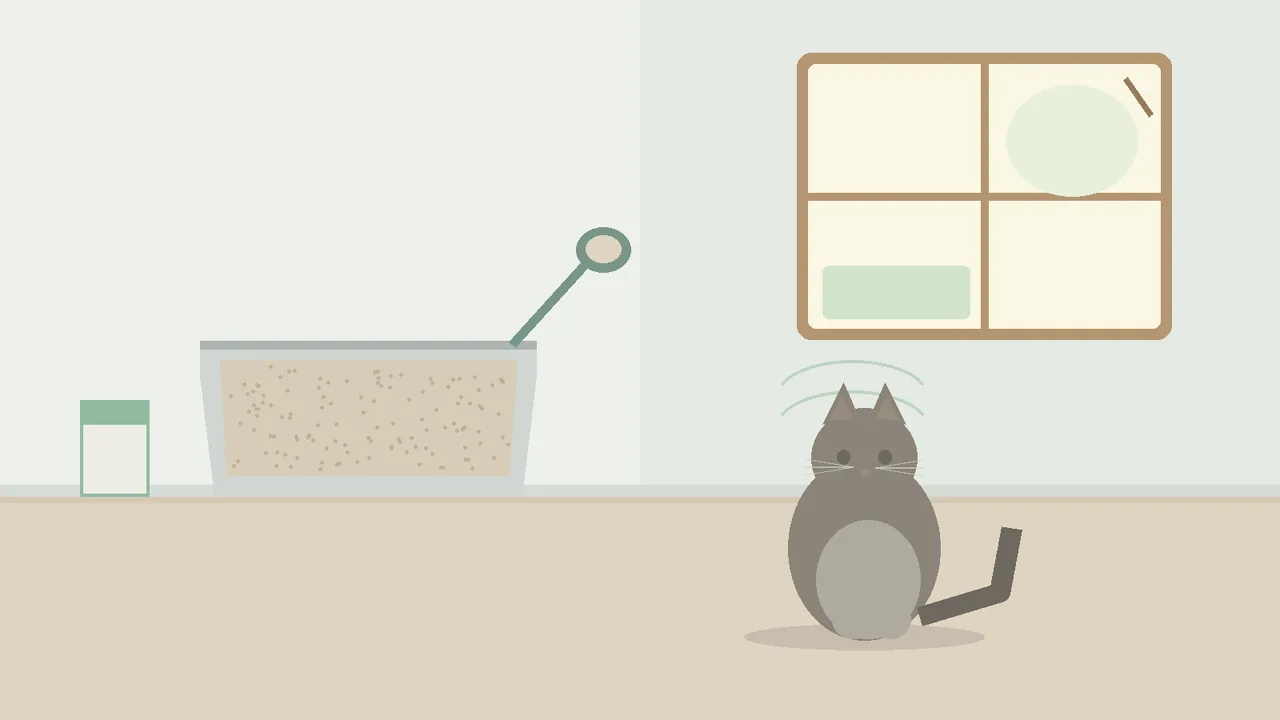 Flat editorial illustration of a small apartment corner: an open, uncovered litter box with a scoop and a small box of baking soda beside it, near a window, and a calm cat nearby.