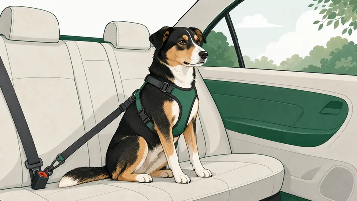 A calm dog secured in the back seat of a car wearing a fitted safety harness clipped to the seat belt.
