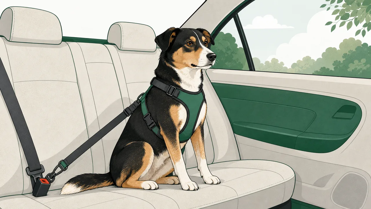 Flat editorial illustration of a calm dog sitting secured in the back seat of a car, wearing a fitted safety harness clipped to the seat belt.