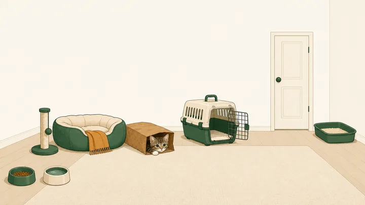 A small room prepared for a new kitten: a tiny kitten peeks from a paper bag beside a soft bed, with an open carrier, separate food and water bowls, a low-sided litter box along the far wall, and a small scratching post.