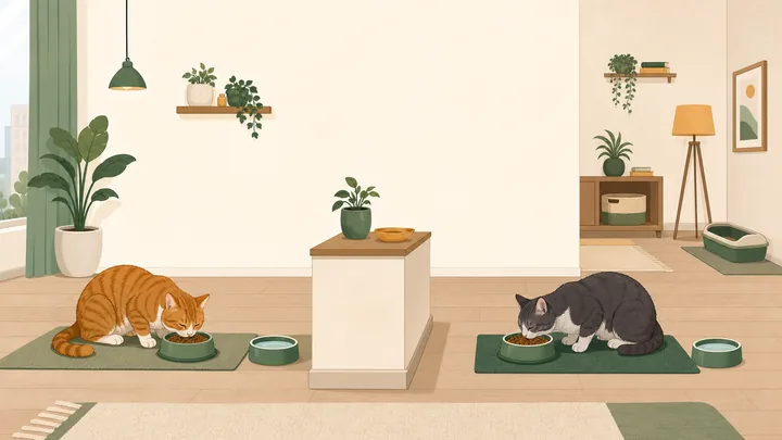 Flat illustration of a small apartment with two separated cat feeding stations: a cat with its own food and water bowl in a kitchen corner, a second cat with its own bowls across the room beyond a divider, and a litter box on the far side.