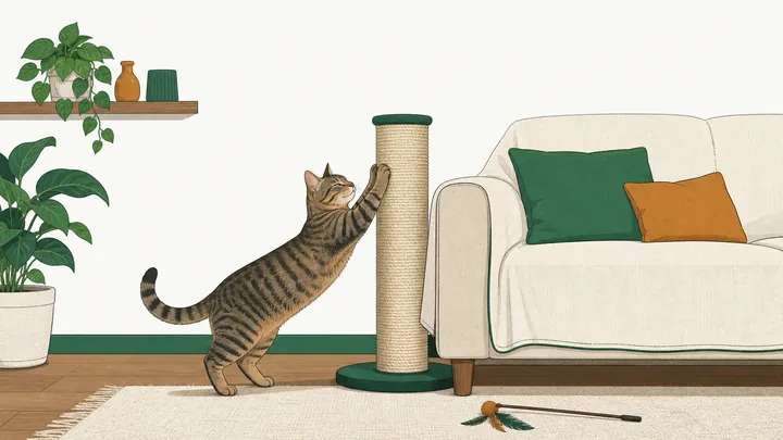 A relaxed tabby cat stretching up with its front paws on a tall sisal scratching post placed right beside the couch.