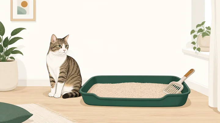 A large, open, low-sided litter box with clumping litter and a scoop on the rim in a tidy apartment corner, with a calm cat nearby.