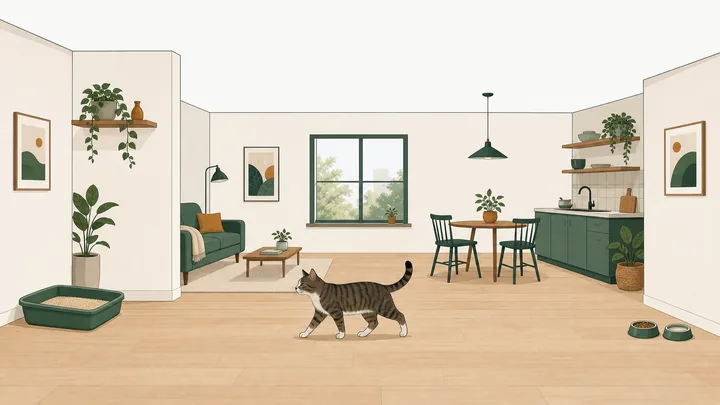 Top-down floor plan of a small apartment with the litter box in a quiet corner, a clear path to it, and the food and water bowls kept far away.
