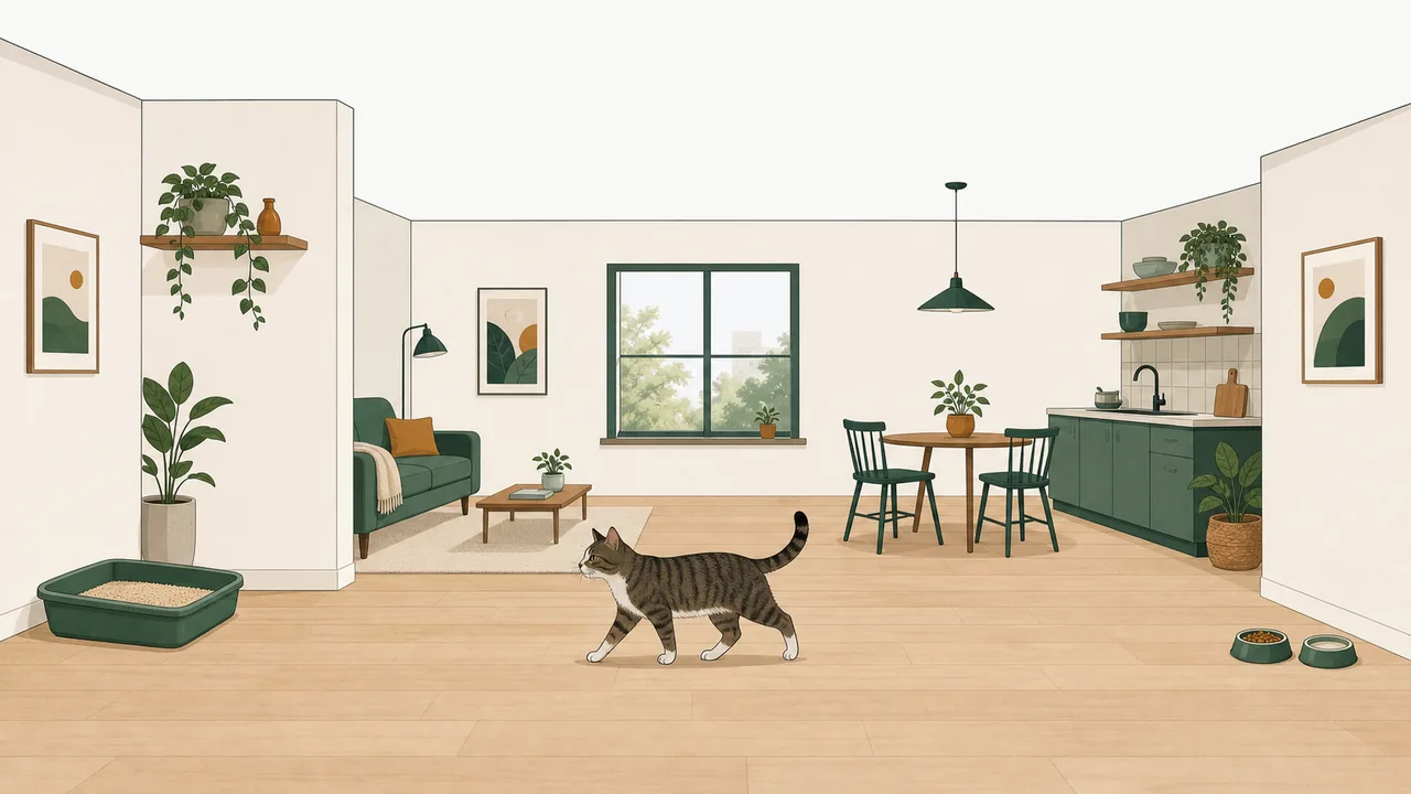 Flat editorial top-down floor-plan illustration of a small apartment showing a litter box tucked in a quiet corner with a clear path to it, kept well away from the food and water bowls in the kitchen area.